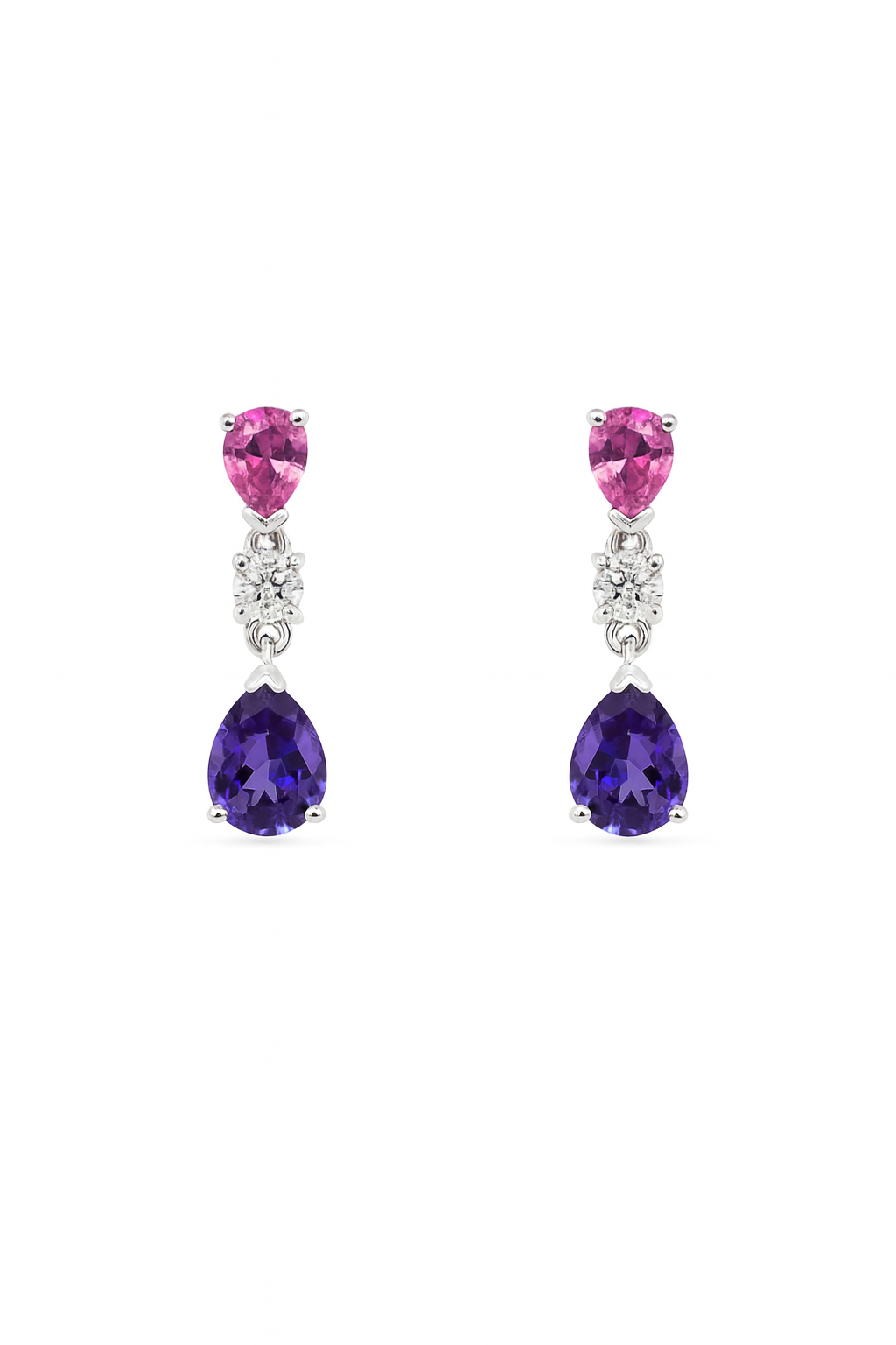 Pink Sapphire, Diamond & Tanzanite Drop Earrings