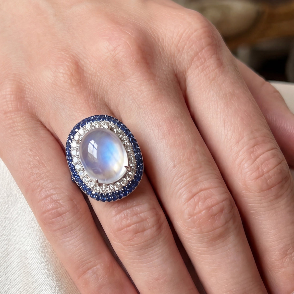 Moonstone Sapphire & Diamond Ring, view 2 — Levendi Jewellers