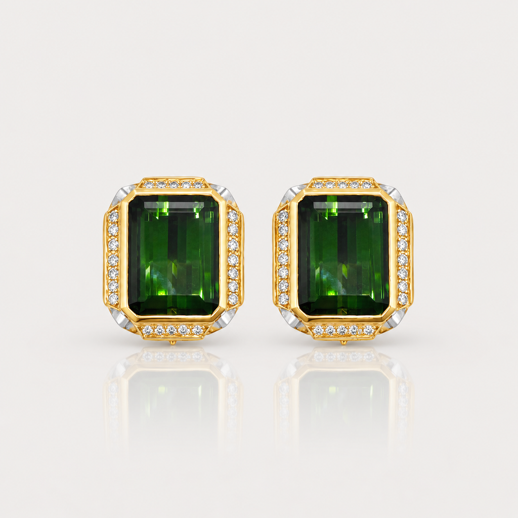 Green Tourmaline & Diamond Earrings – front view, yellow gold