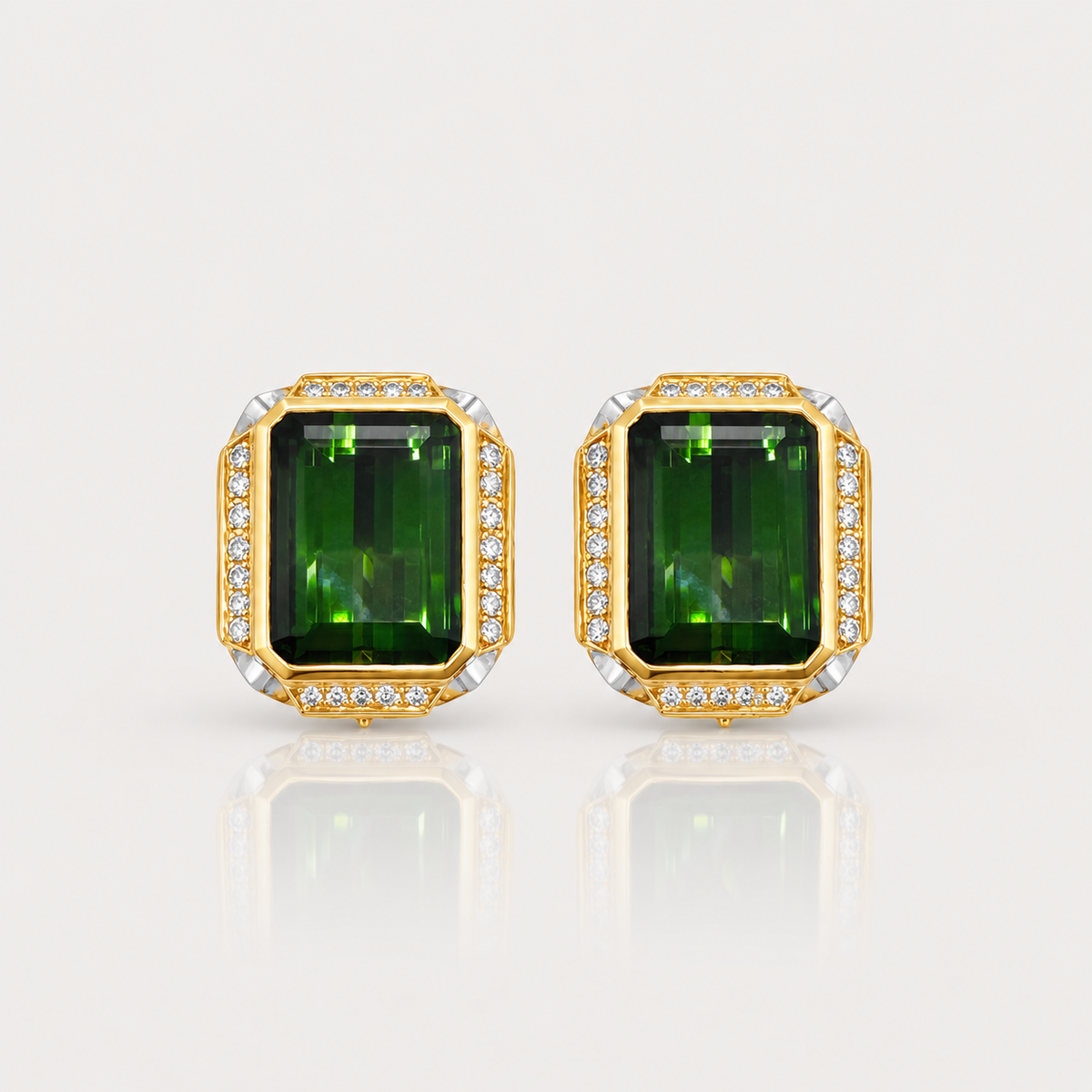 Green Tourmaline & Diamond Earrings – front view, yellow gold