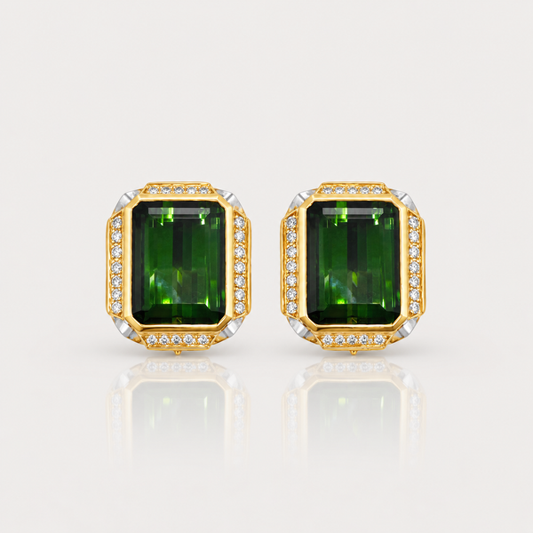Green Tourmaline & Diamond Earrings – front view, yellow gold