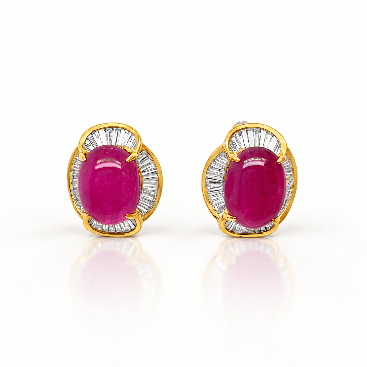 Sophia Levendi – Cabochon Rubies and Diamond Baguette Earrings – front