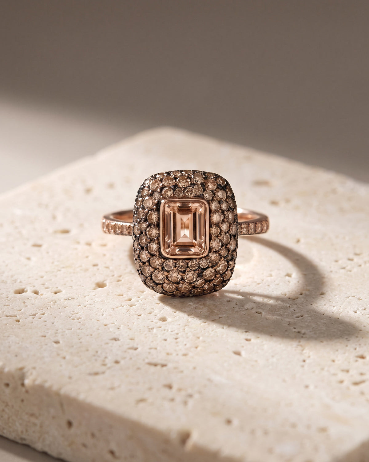 Emerald Cut Morganite & Champagne Diamond Dress Ring — Levendi Jewellers
