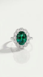 The Majesty Athena - Green Emerald Diamonds Halo – front view, white gold