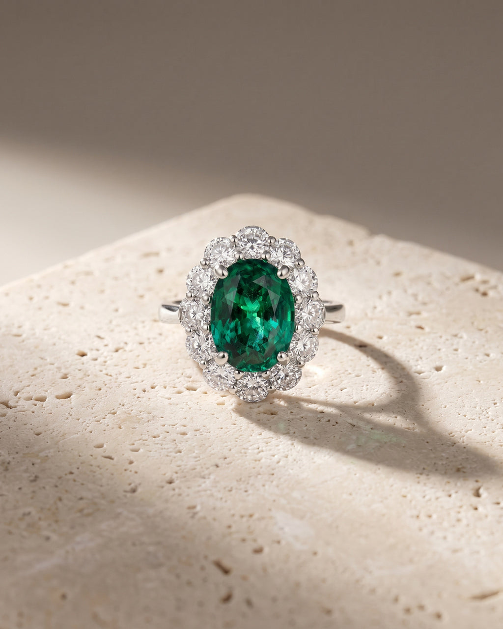 Oval Cut Emerald & Diamond Halo Ring — Levendi Jewellers