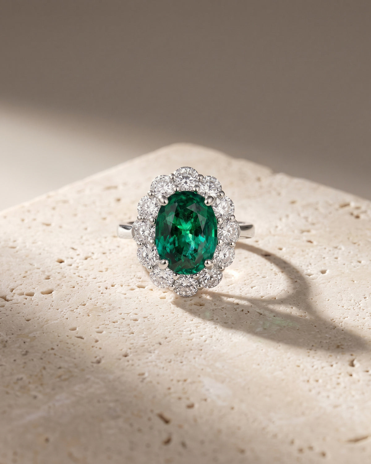 Oval Cut Emerald & Diamond Halo Ring — Levendi Jewellers