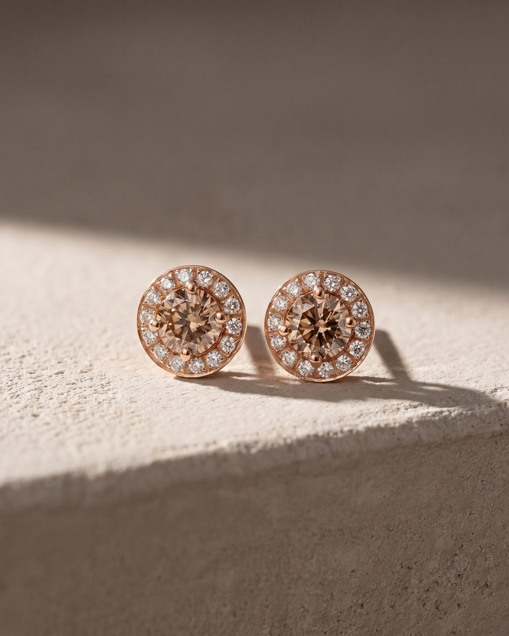 Fancy Cognac Diamond Hidden Halo Earrings — Levendi Jewellers