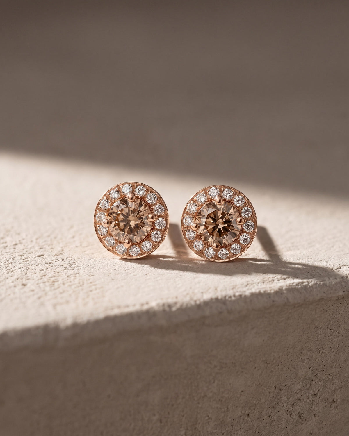 Fancy Cognac Diamond Hidden Halo Earrings — Levendi Jewellers