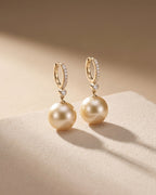 Golden South Sea Pearl & Diamond Drop Earrings — Levendi Jewellers