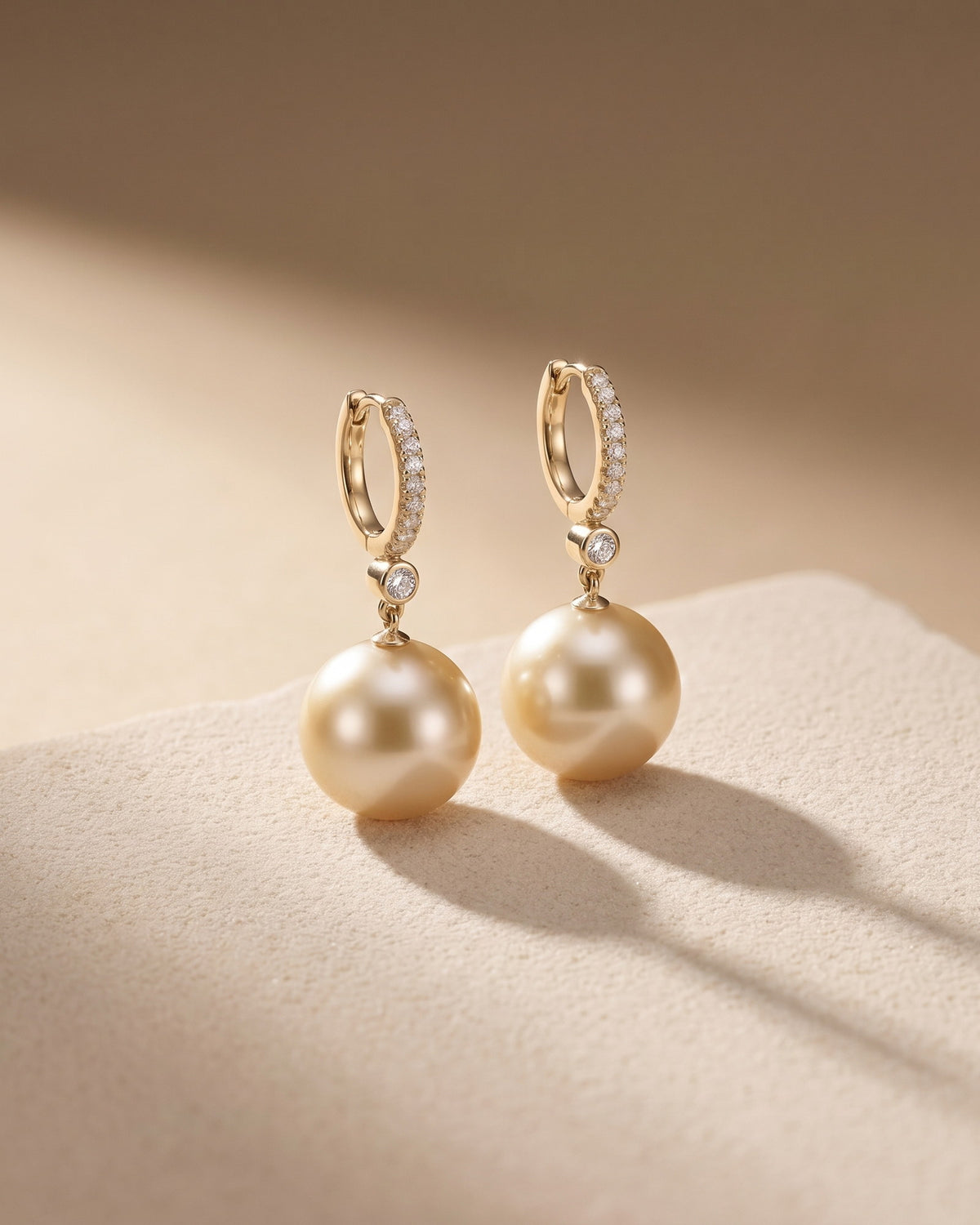 Golden South Sea Pearl & Diamond Drop Earrings — Levendi Jewellers