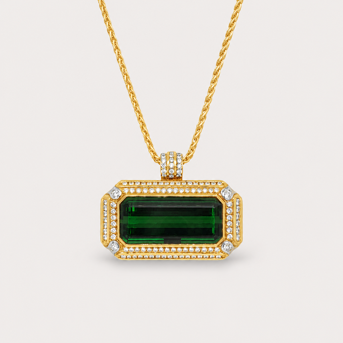 Green Tourmaline & Diamond Necklace – front view, yellow gold