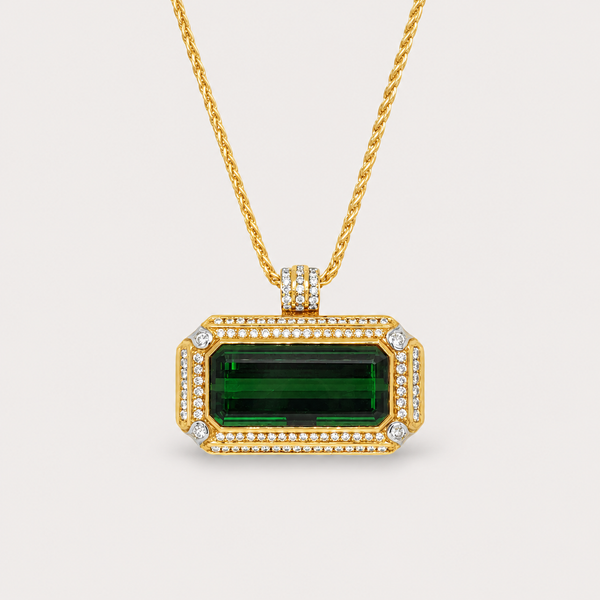 Green Tourmaline & Diamond Necklace – front view, yellow gold