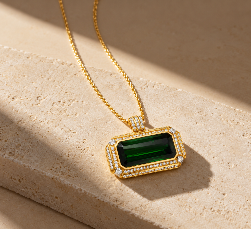 Green Tourmaline & Diamond Necklace – worn on stone, yellow gold