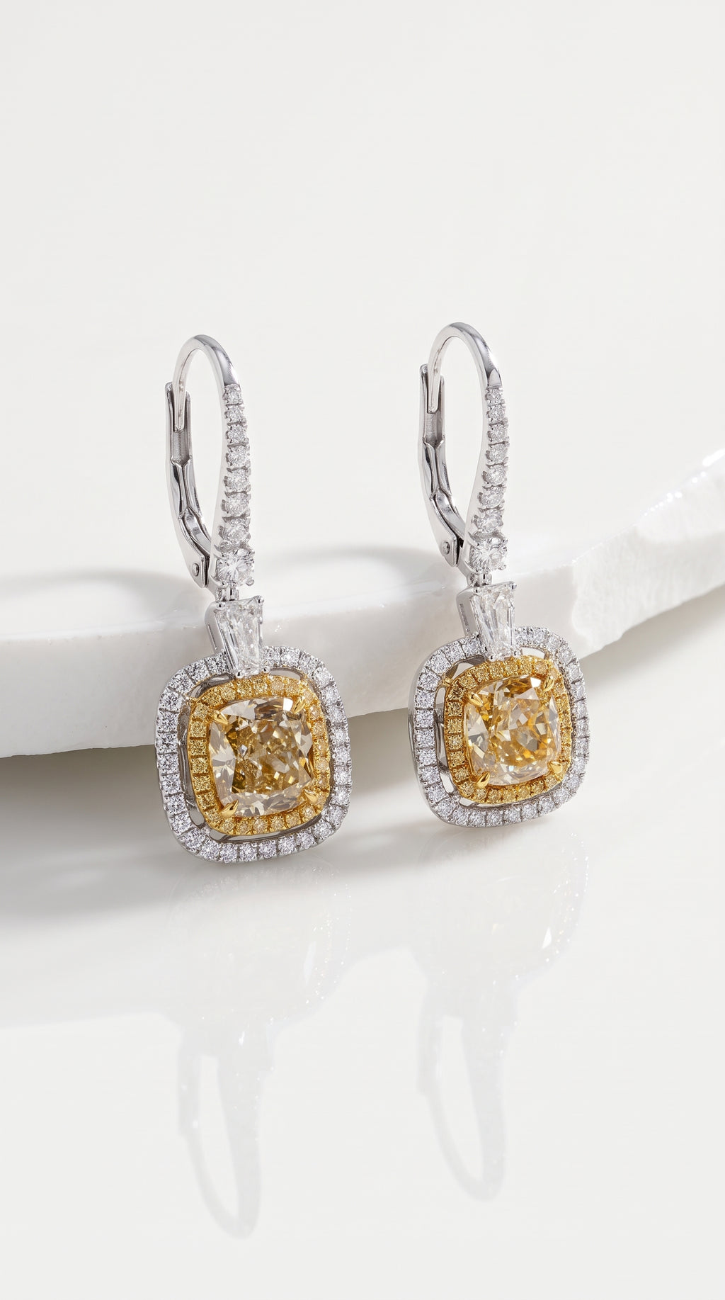 Fancy Yellow Diamond Double Halo Drop Earrings – worn styling, white gold
