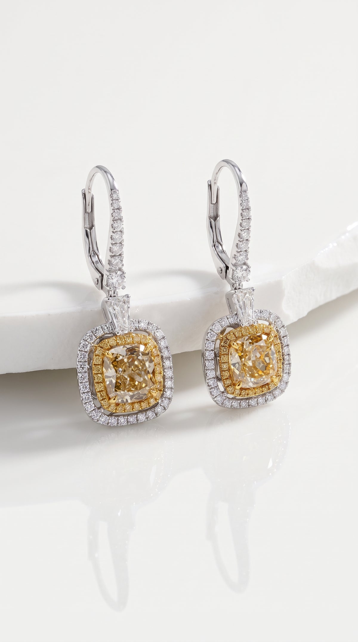 Fancy Yellow Diamond Double Halo Drop Earrings – worn styling, white gold