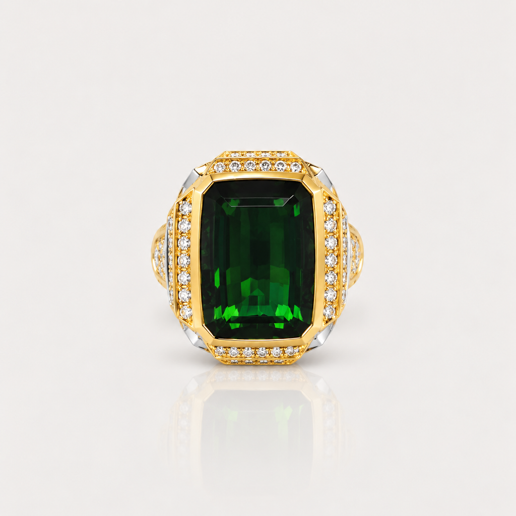 Green Tourmaline & Diamond Cocktail Ring – front view, yellow gold