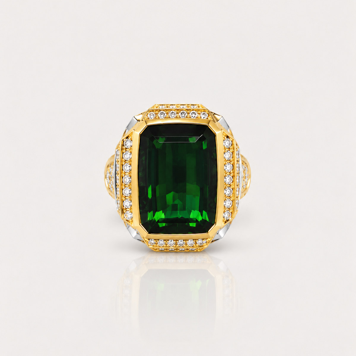Green Tourmaline & Diamond Cocktail Ring – front view, yellow gold