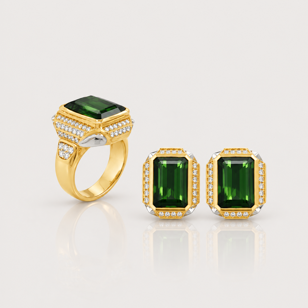 Green Tourmaline & Diamond Cocktail Ring – with the matching earrings, yellow gold
