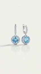 Sky Blue Topaz Hidden Halo 14 Topaz Trillion Cut & Diamond Earrings