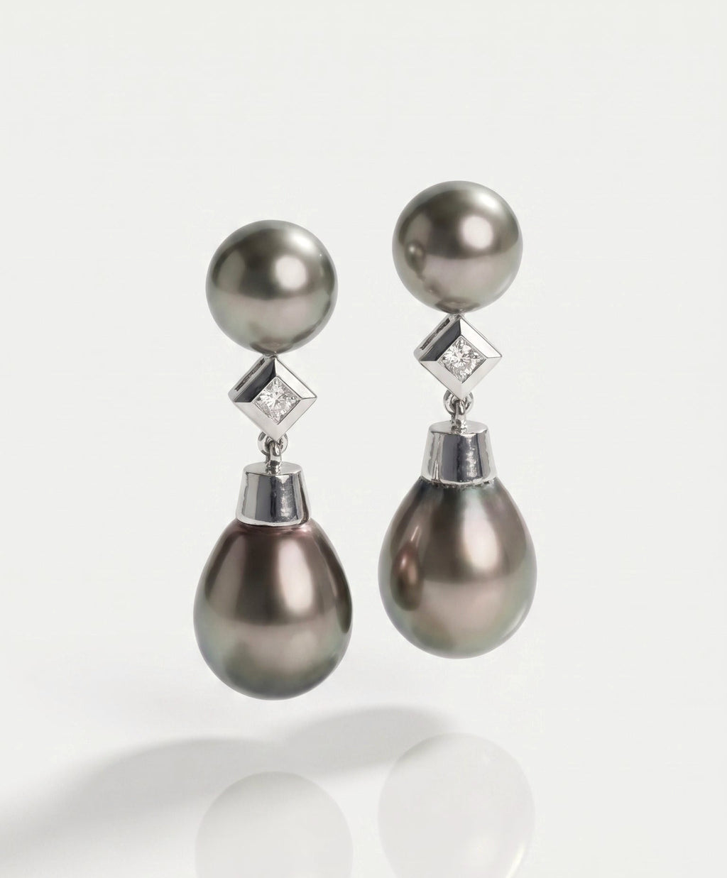 Tahitian Pearl and Princess cut Diamonds Drop Earrings