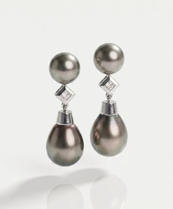 Tahitian Pearl and Princess cut Diamonds Drop Earrings