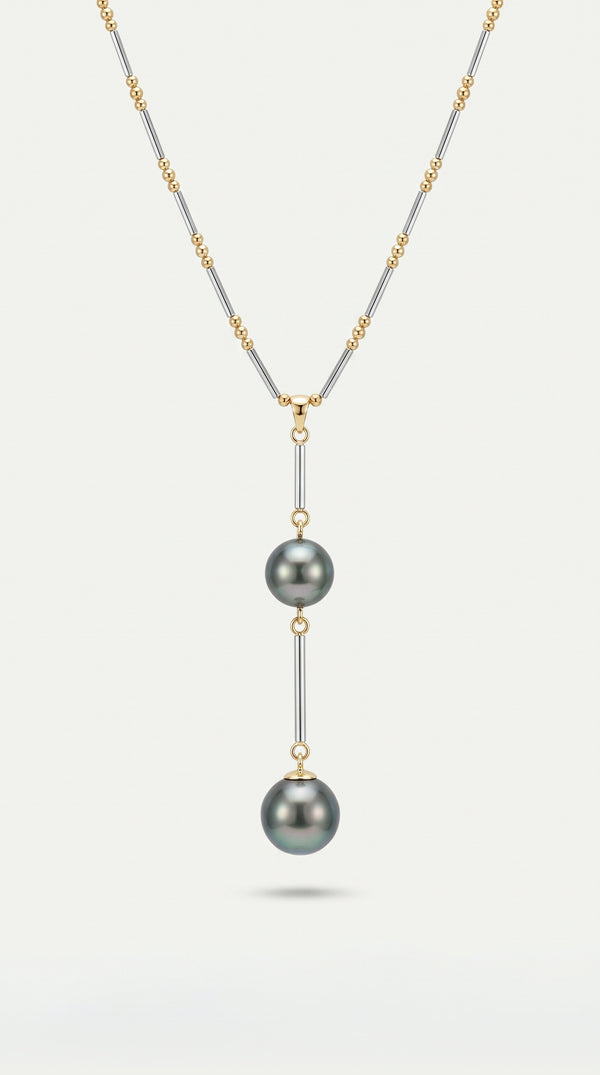 Tahitian Pearls Two Tones Gold Bar Pendant — Levendi Jewellers