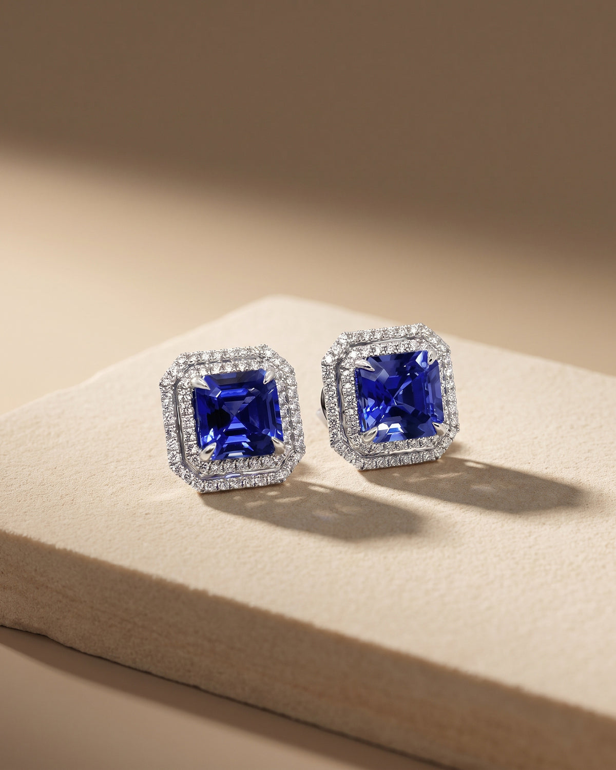Tanzanite Cushion Cut & Diamonds Double Halo Earrings — Levendi Jewellers