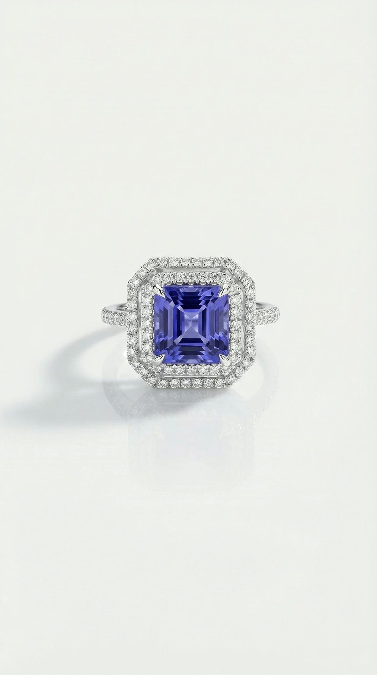 Tanzanite Cushion Cut & Double Diamond Halo Ring