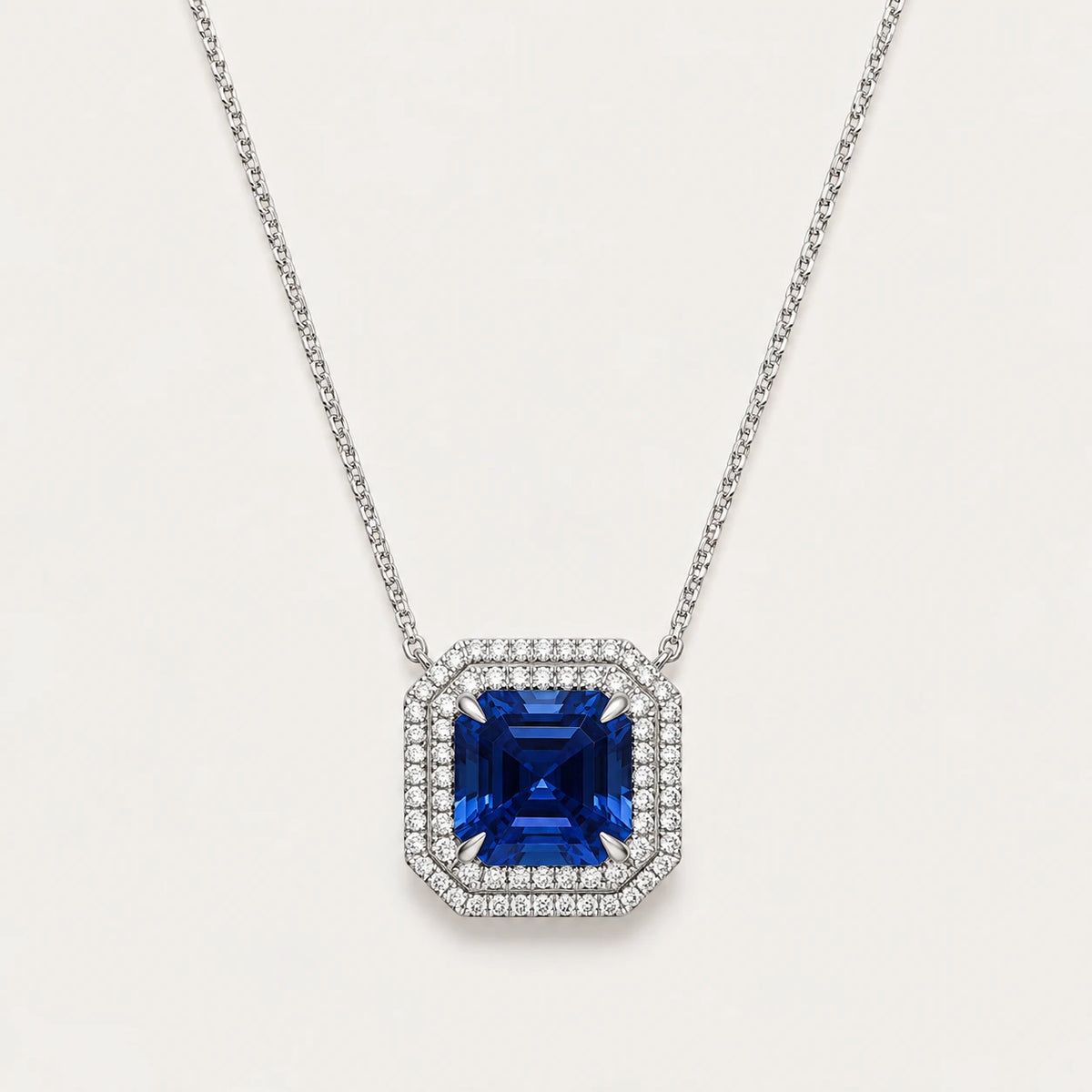 Tanzanite & Diamonds Double Halo Necklace – front view, white gold