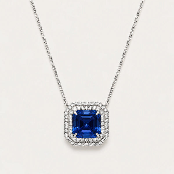 Tanzanite & Diamonds Double Halo Necklace – front view, white gold