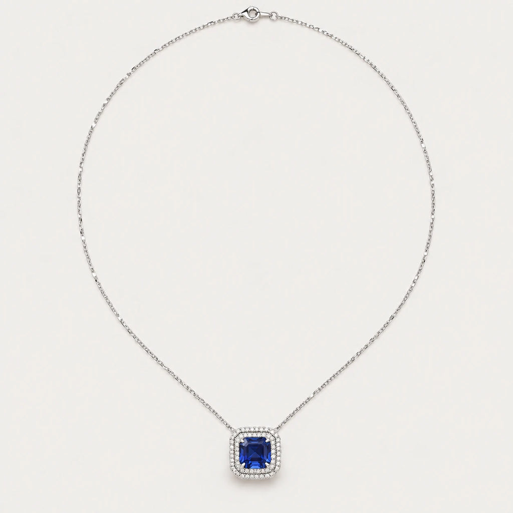 Tanzanite & Diamonds Double Halo Necklace – full chain, white gold