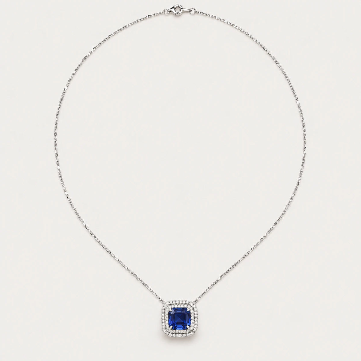 Tanzanite & Diamonds Double Halo Necklace – full chain, white gold