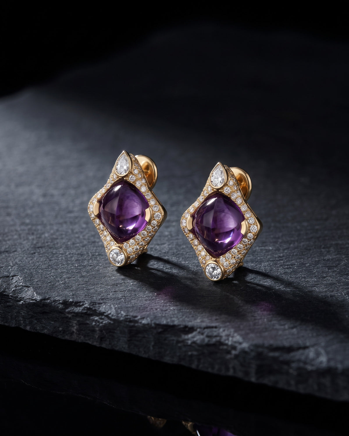 Cabochon Amethyst & Fancy Diamonds Pavee Earrings — Levendi Jewellers