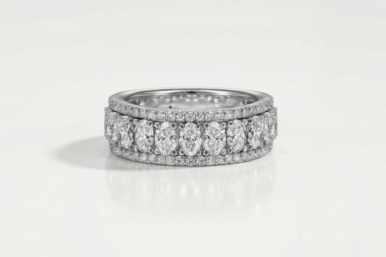 Wide White Gold Oval and Round Diamond.