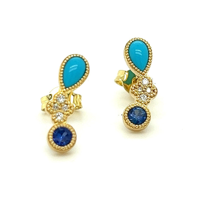 Arabesque Diamond Blue Sapphire & Green Turquoise Earrings