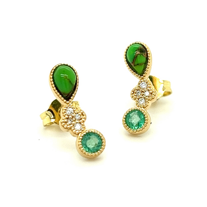 Arabesque Diamond Emerald & Green Turquoise Earrings