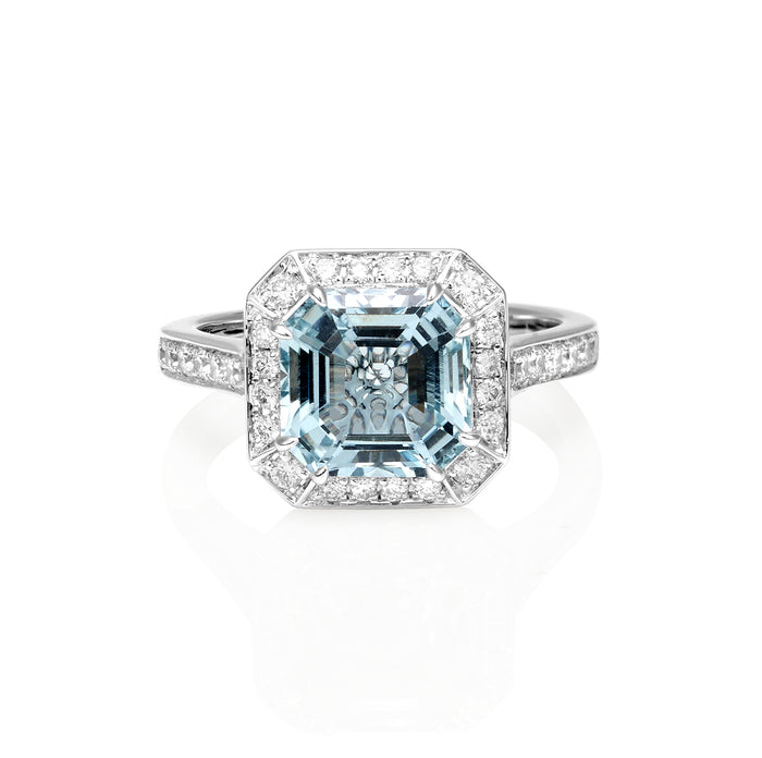 Square Set in Aquamarine & Diamond Ring