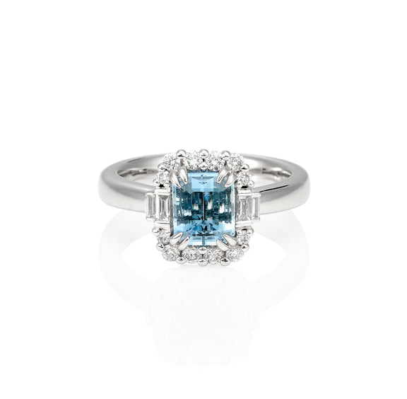 Emerald Cut Aquamarine & Diamond Ring