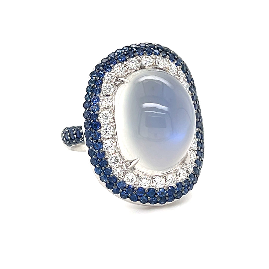Moonstone Sapphire & Diamond Ring set in 18ct White Gold