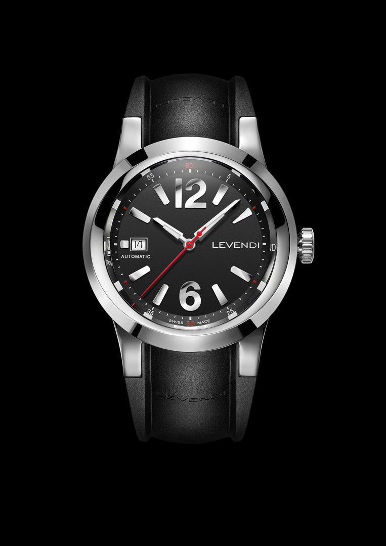 ITHACA SPORTS - BLACK DIAL SILVER NUMBERS LEV012